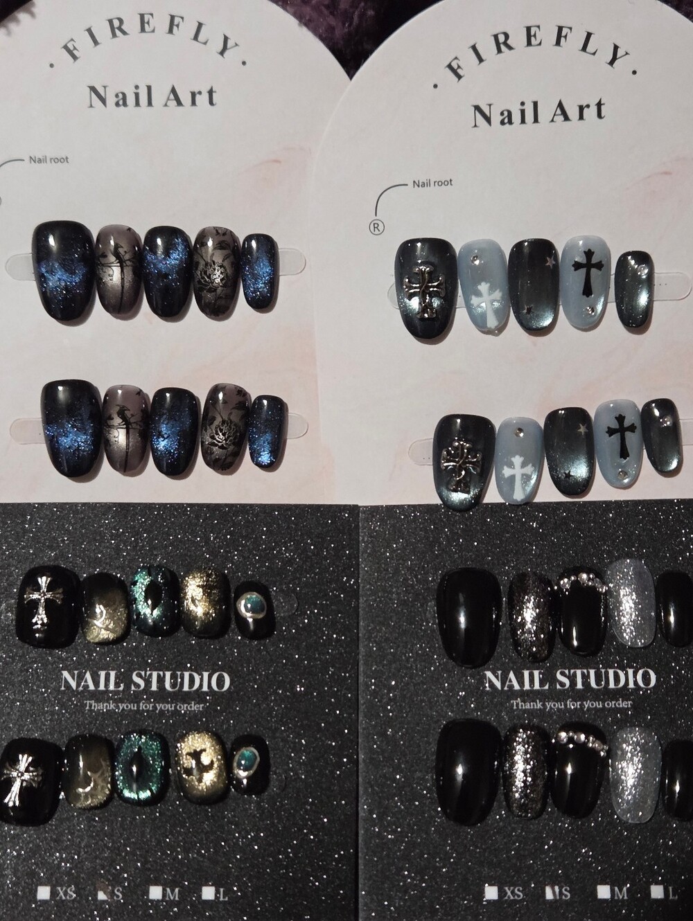 Gothic Y2K Shorty Shimmery Cat Eye 3D Alternative 4 piece Press On Nail Bundle